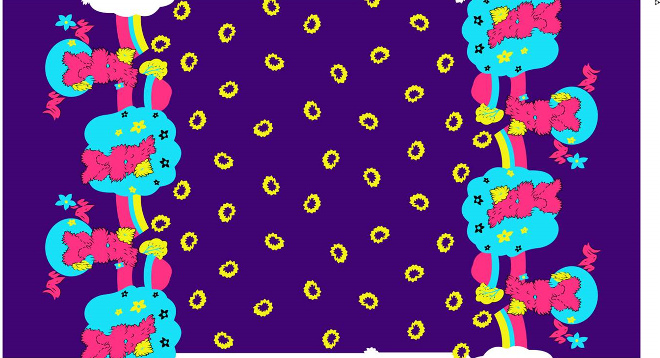 梦幻彩虹树丛面料印花素材,适用于儿童服装与潮牌服饰设计