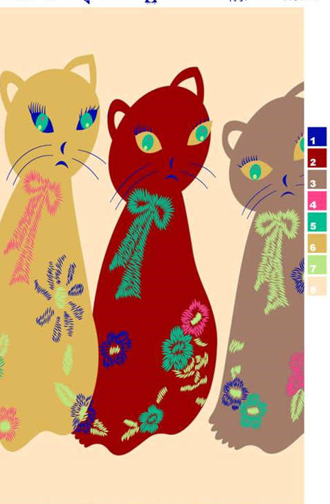 复古刺绣风三猫图案面料印花素材,适用于服装印花设计