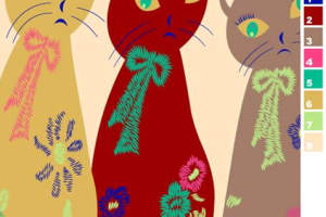 复古刺绣风三猫图案面料印花素材，适用于服装印花设计