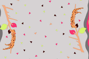 灵动豹纹枝叶插画风面料印花素材，适用于服装印花设计