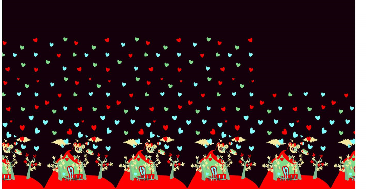 童趣爱心小屋主题面料印花素材,适用于儿童服装印花设计