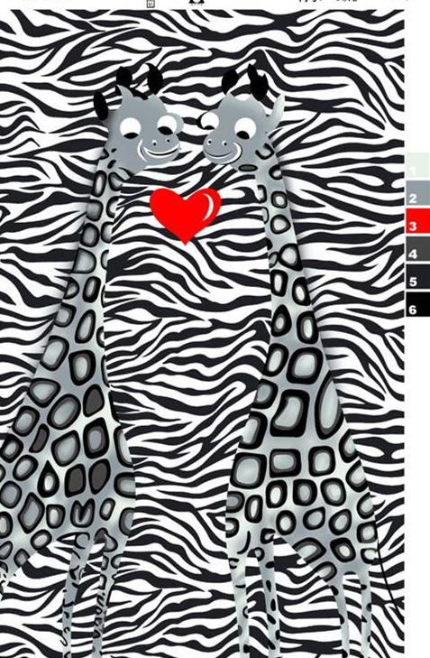 斑马纹背景长颈鹿爱心图案面料印花素材,适用于服装印花设计