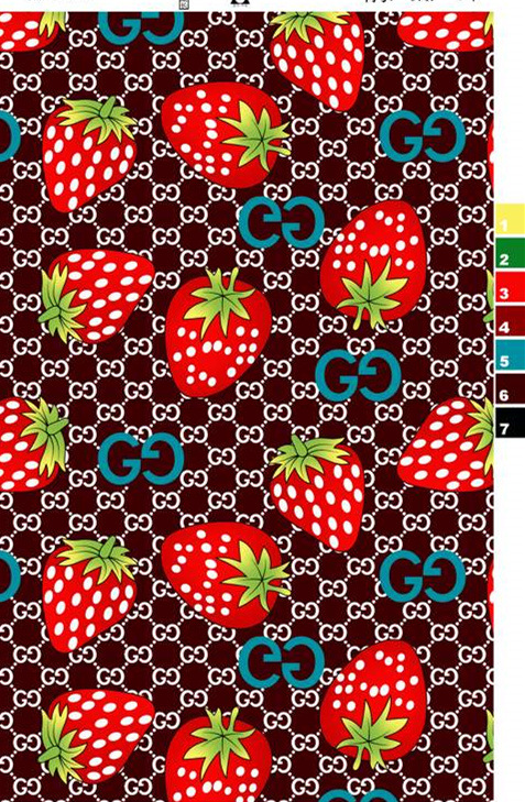 草莓与GG字母交织的时尚面料印花素材,适用于服装印花设计