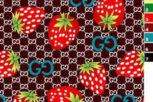 草莓与GG字母交织的时尚面料印花素材，适用于服装印花设计