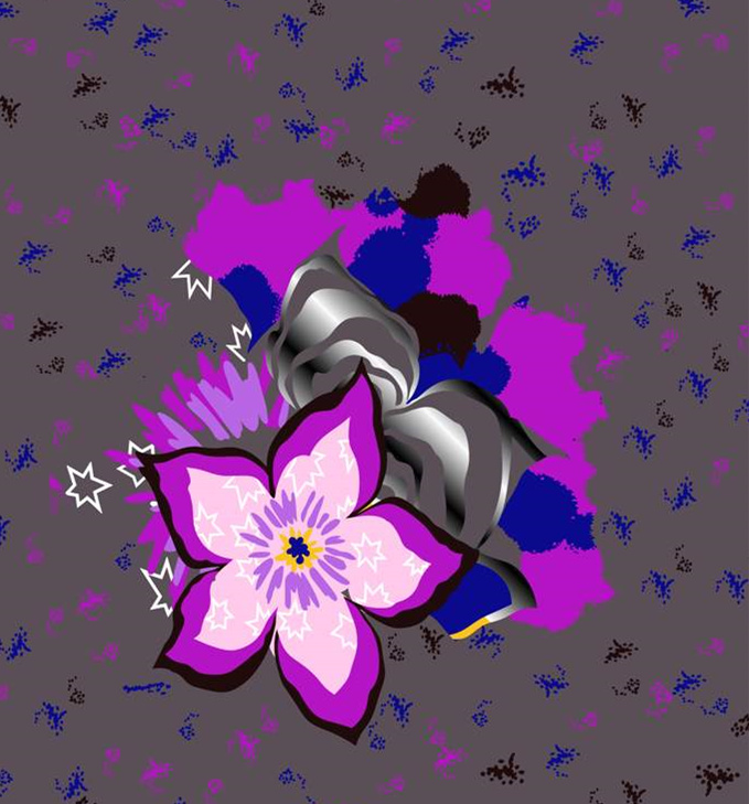 抽象星纹紫花面料印花素材,适用于潮流服装印花设计
