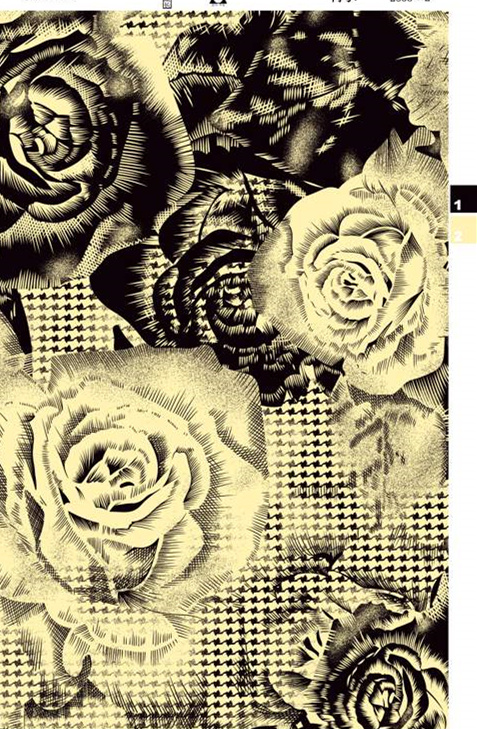 复古线条玫瑰与千鸟格拼接面料印花素材,适用于服装印花设计