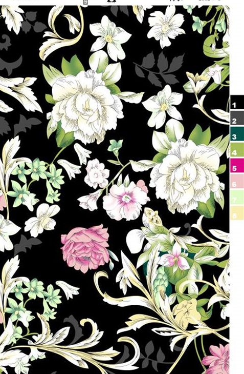 黑底白花复古花卉面料印花素材,适用于高端服装印花设计