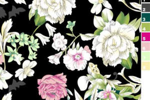 黑底白花复古花卉面料印花素材，适用于高端服装印花设计