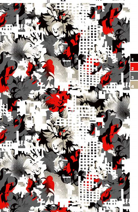 抽象花卉与几何城市融合的服装印花素材,适用于潮流服饰面料印花设计