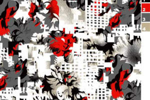 抽象花卉与几何城市融合的服装印花素材，适用于潮流服饰面料印花设计