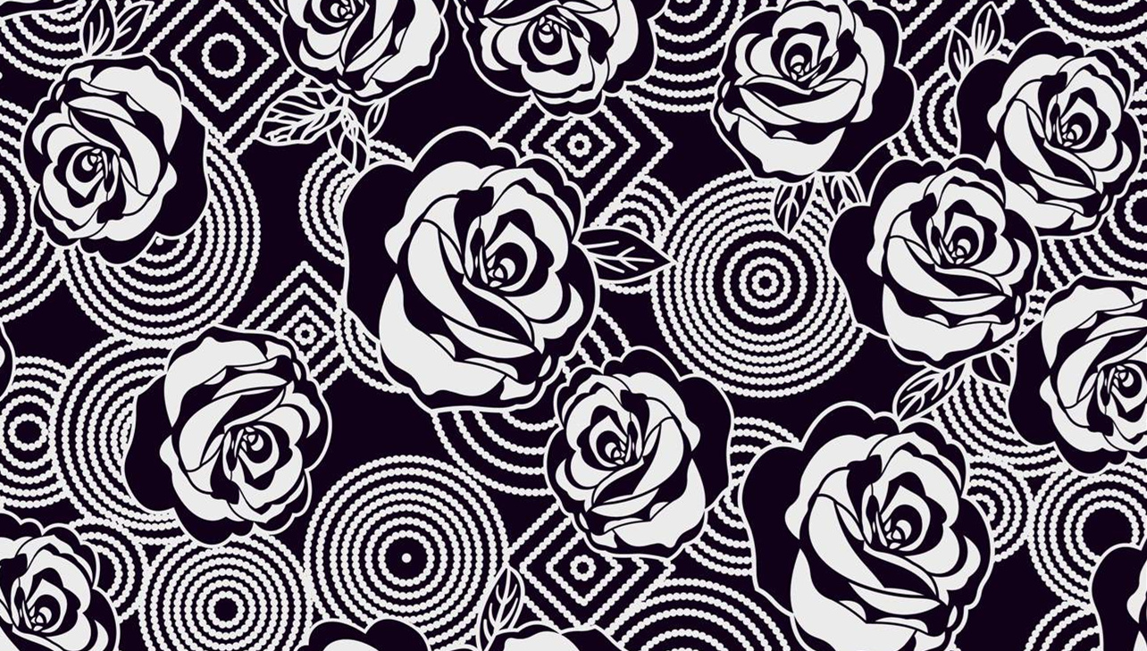 黑白玫瑰几何纹样面料印花素材,适用于服装印花设计