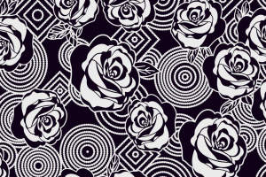 黑白玫瑰几何纹样面料印花素材，适用于服装印花设计