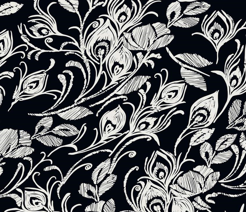 黑白手绘孔雀羽叶纹面料印花素材,适用于高端服装印花设计