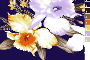 深蓝底复古花卉面料印花素材，适用于服装印花设计与高端成衣定制