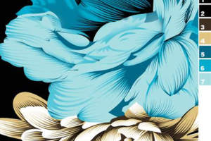 蓝金双色层叠花卉面料印花素材，适用于高端服装印花设计