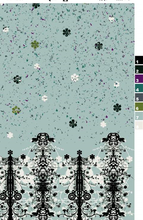 清新碎花与巴洛克边饰结合的服装印花素材,适用于春夏女装面料印花设计