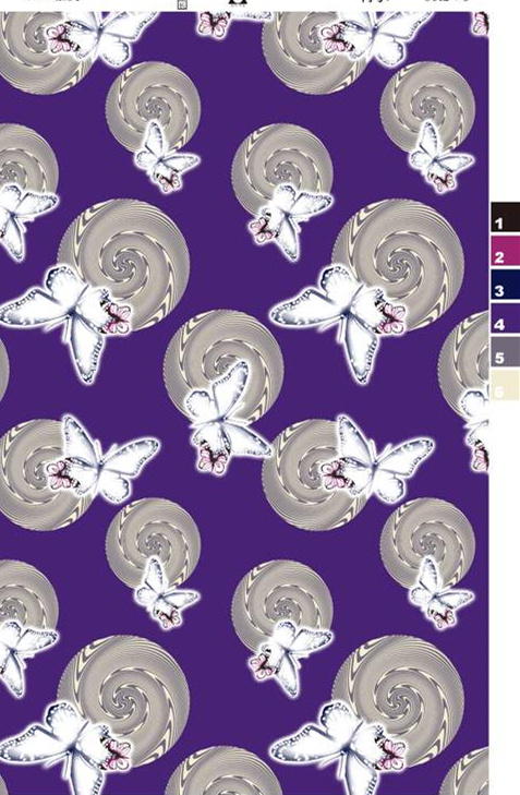 紫色螺旋贝壳与白蝶图案面料印花素材,适用于服装印花设计