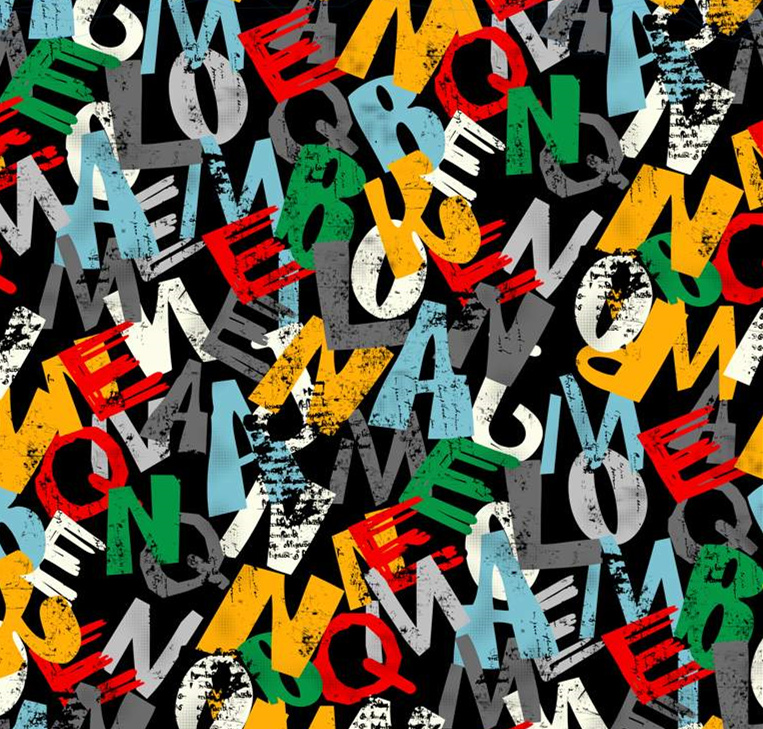 复古做旧字母乱序拼贴面料印花素材,适用于潮流服装印花设计