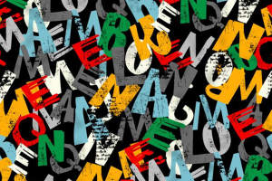 复古做旧字母乱序拼贴面料印花素材，适用于潮流服装印花设计