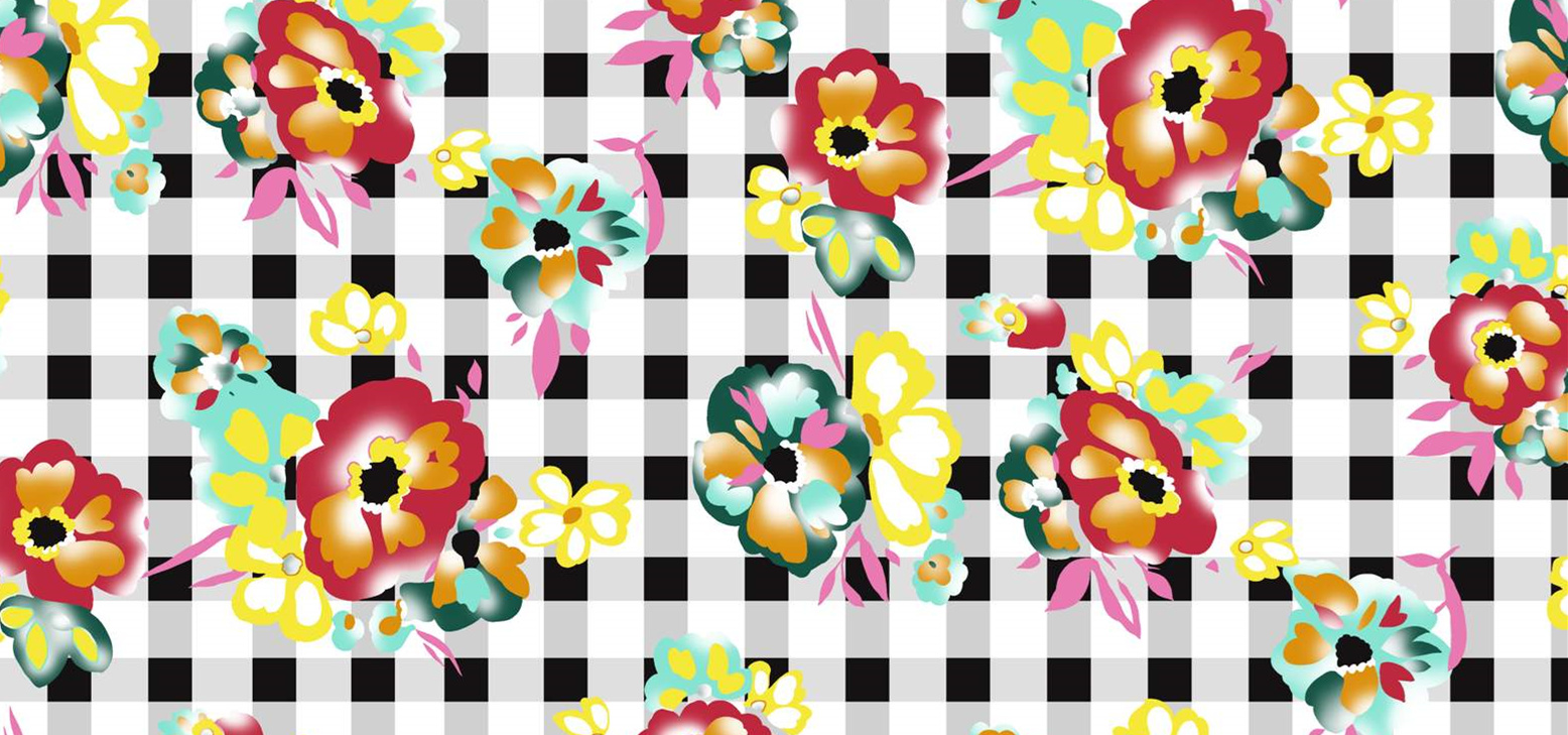 复古花卉格纹面料印花素材,适用于服装印花设计与数码印染