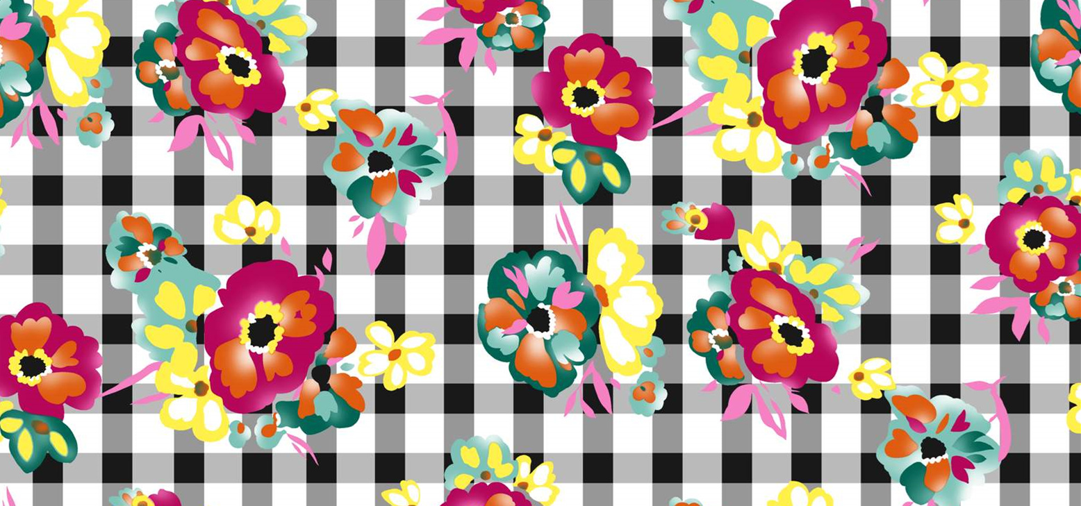 复古花卉格纹面料印花素材,适用于服装印花设计与数码印染