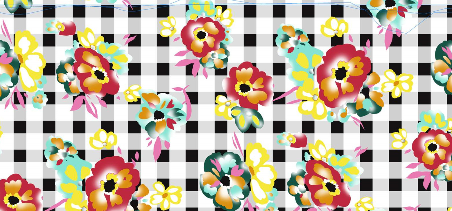 黑白格纹底衬花卉图案面料印花素材,适用于春夏服装印花设计