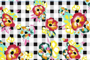 黑白格纹底衬花卉图案面料印花素材，适用于春夏服装印花设计