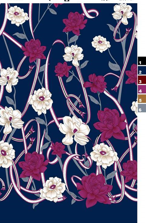 深蓝底白紫花卉缠绕纹样面料印花素材,适用于服装印花设计