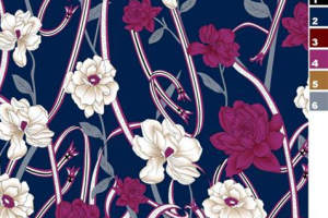 深蓝底白紫花卉缠绕纹样面料印花素材，适用于服装印花设计