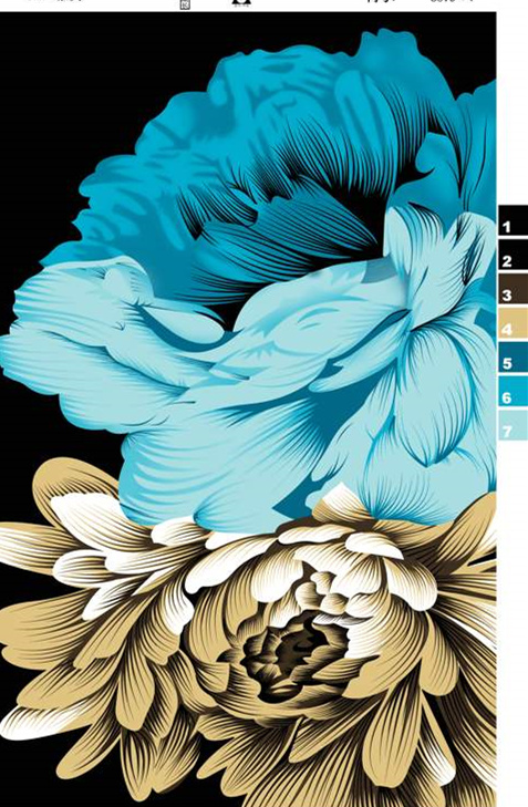 蓝金双色写意花卉面料印花素材,适用于高端服装印花设计