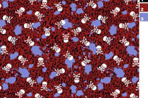 暗红豹纹底骷髅泼墨风面料印花素材，适用于潮牌服装印花设计