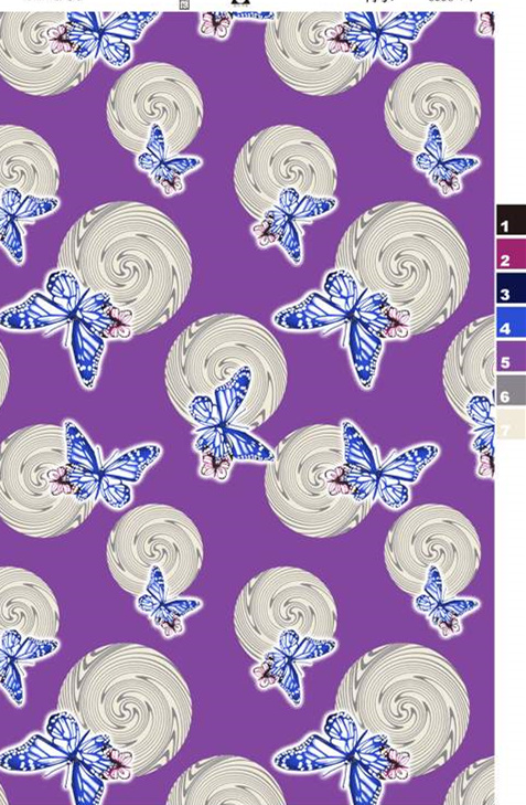 紫色螺旋贝壳与蓝蝶图案面料印花素材,适用于服装印花设计