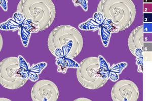 紫色螺旋贝壳与蓝蝶图案面料印花素材，适用于服装印花设计