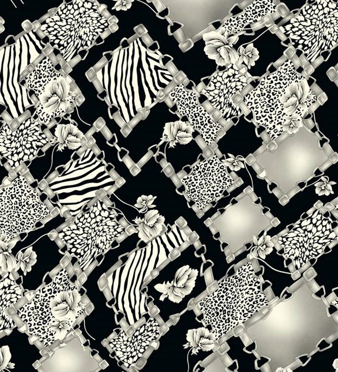 黑白几何拼接动物纹与花卉面料印花素材,适用于服装印花设计