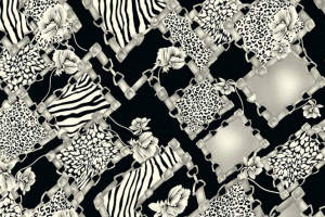 黑白几何拼接动物纹与花卉面料印花素材，适用于服装印花设计