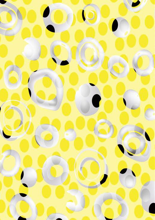 黄底白环黑点抽象几何面料印花素材,适用于服装印花设计