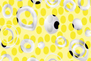 黄底白环黑点抽象几何面料印花素材，适用于服装印花设计