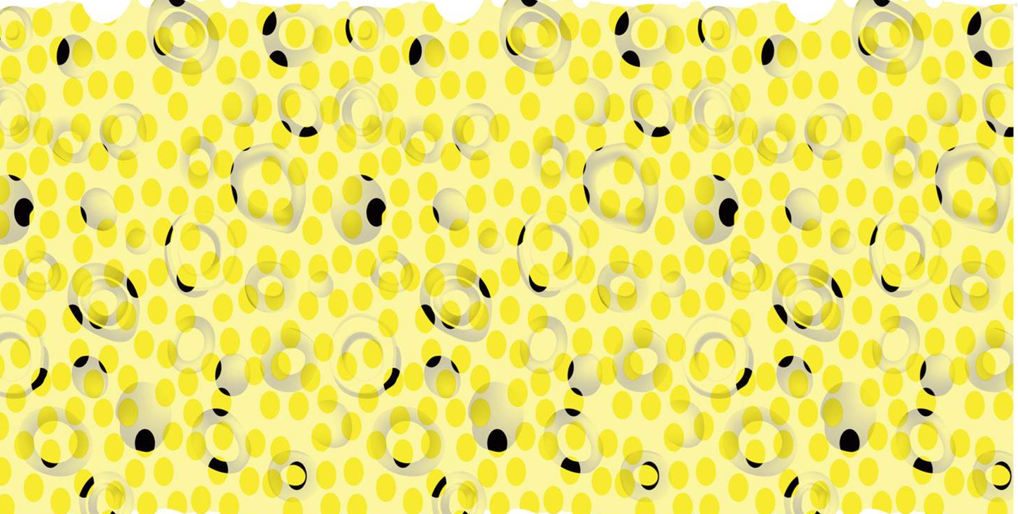 明快黄底波点叠层印花素材,适用于服装印花与面料设计