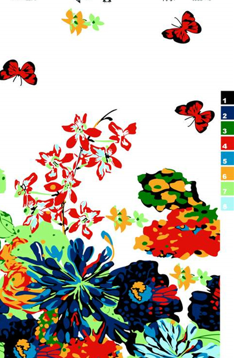 鲜艳花卉蝴蝶图案面料印花素材,适用于春夏服装印花设计