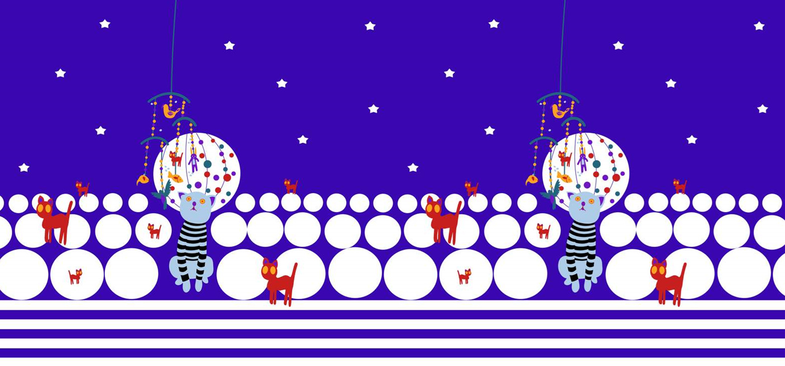 梦幻星空猫咪主题面料印花素材,适用于儿童服装印花设计