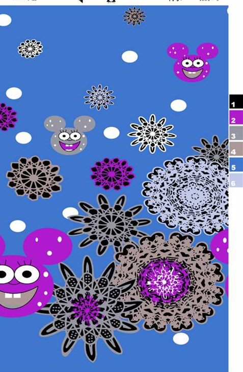 蓝色底卡通雪花与米奇头像面料印花素材,适用于儿童服装印花设计