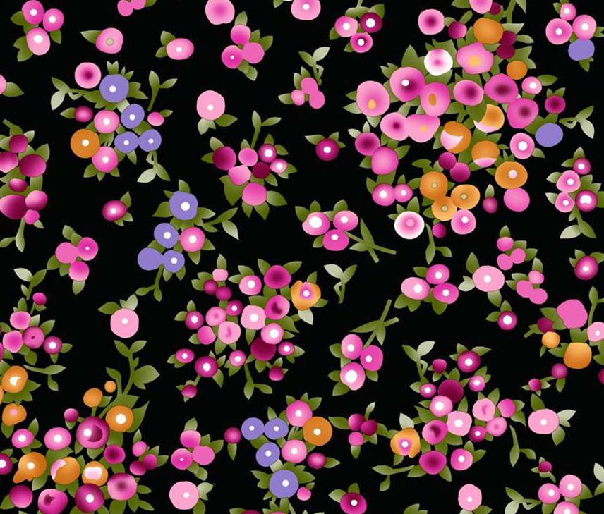 黑底粉彩小花簇面料印花素材,适用于春夏服装印花设计