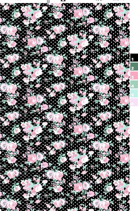 黑底粉玫瑰波点面料印花素材,复古甜美风服装印花设计图
