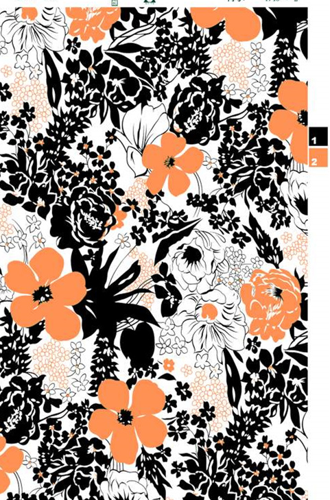 橙黑撞色花卉面料印花素材,适用于春夏服装印花设计