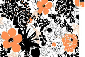 橙黑撞色花卉面料印花素材，适用于春夏服装印花设计
