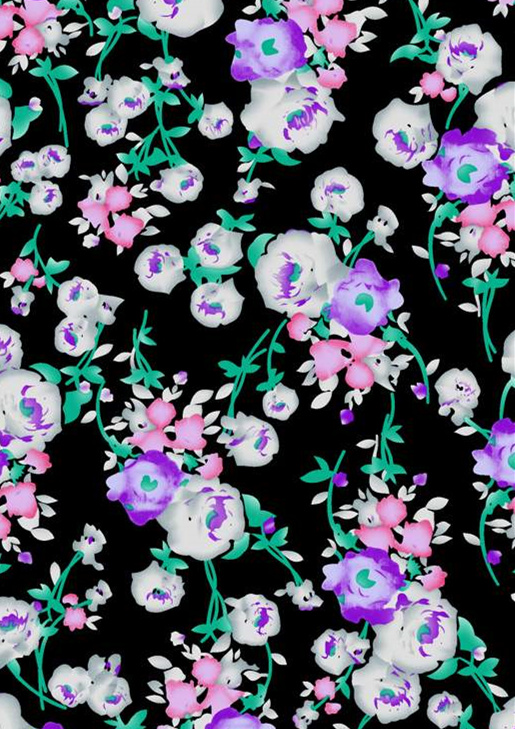 黑底紫白花卉面料印花素材,适用于春夏服装印花设计