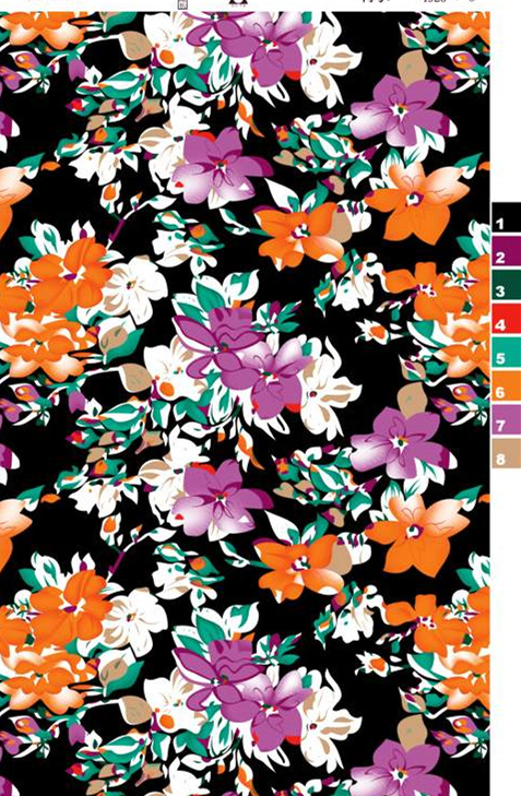 黑底撞色花卉面料印花素材,适用于春夏服装印花设计