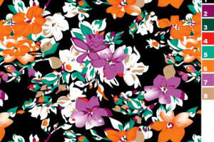 黑底撞色花卉面料印花素材，适用于春夏服装印花设计