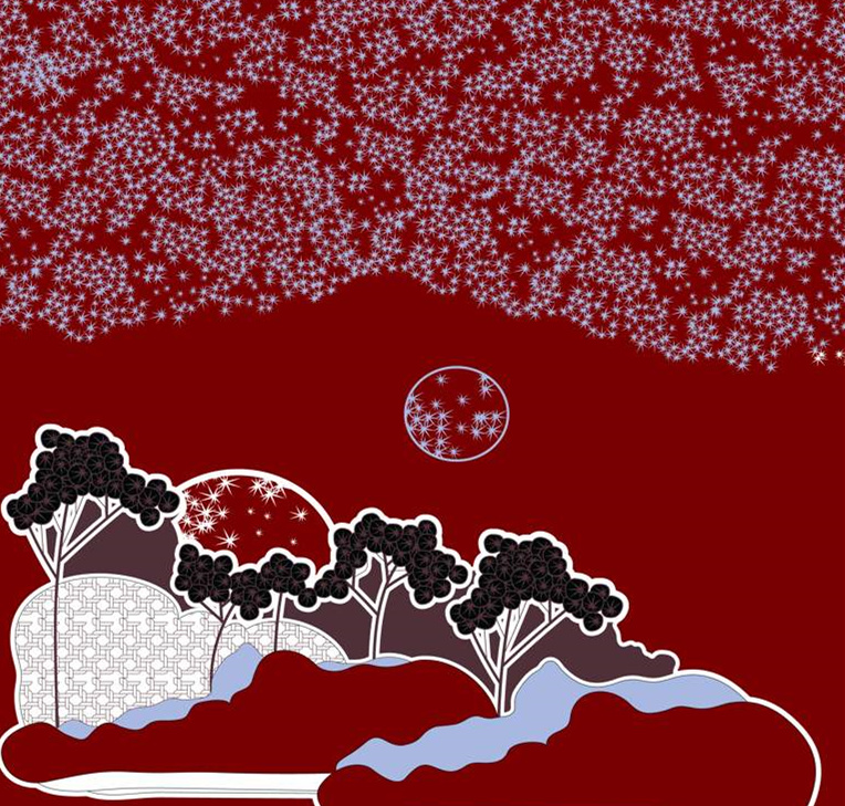 红底星雪山水风面料印花素材,适用于服装印花设计与文创应用