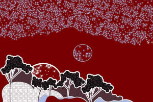 红底星雪山水风面料印花素材，适用于服装印花设计与文创应用